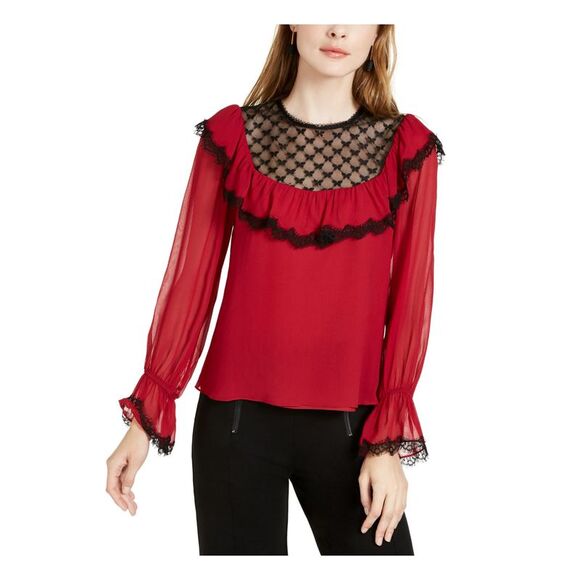 NANETTE LEPORE Tops - NANETTE LEPORE Womens Red Bell Sleeve Illusion Neckline Blouse XS